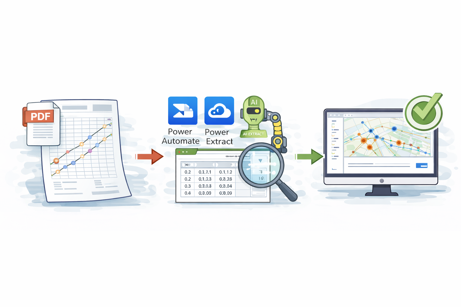 Automated Well Survey XY validation showing PDF extraction with Power Automate AI and coordinate verification